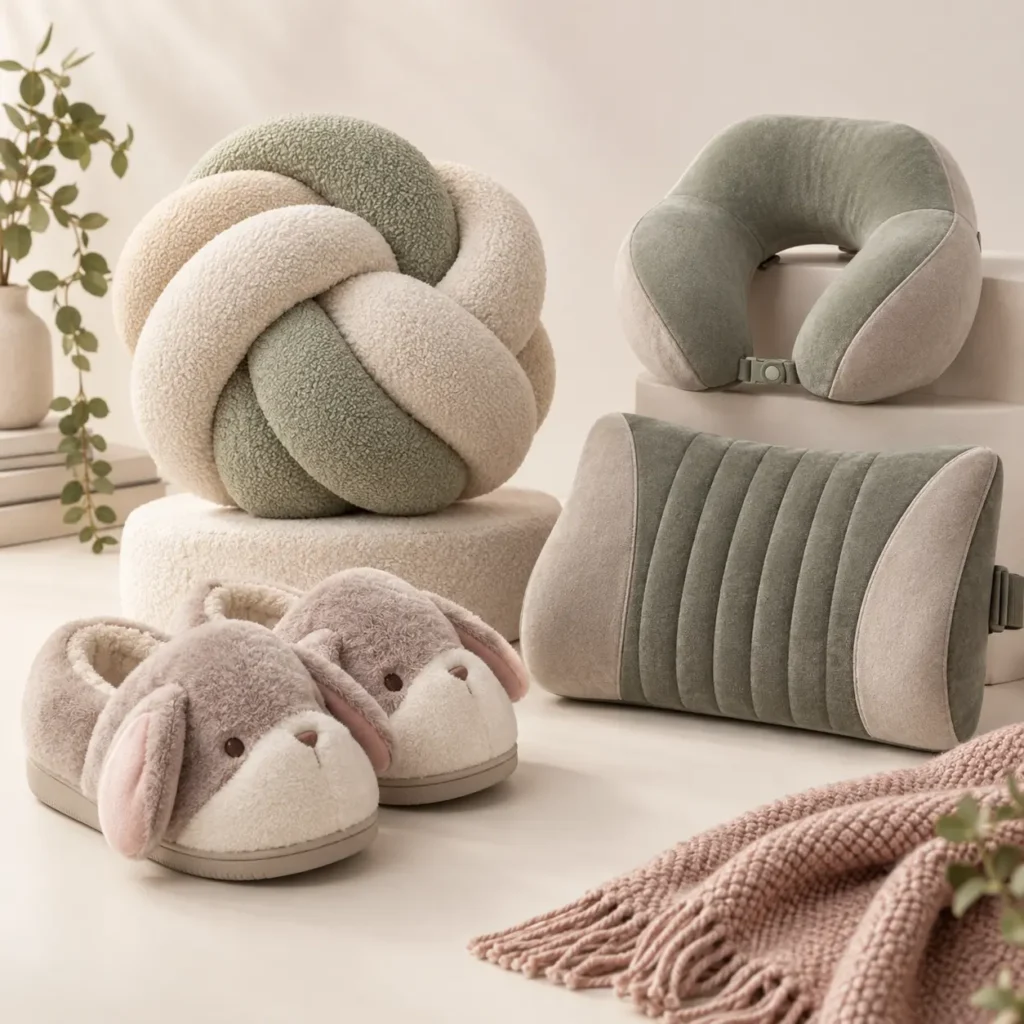 Original plush lifestyle collection with animal slippers, neutral cushions and car comfort pillows