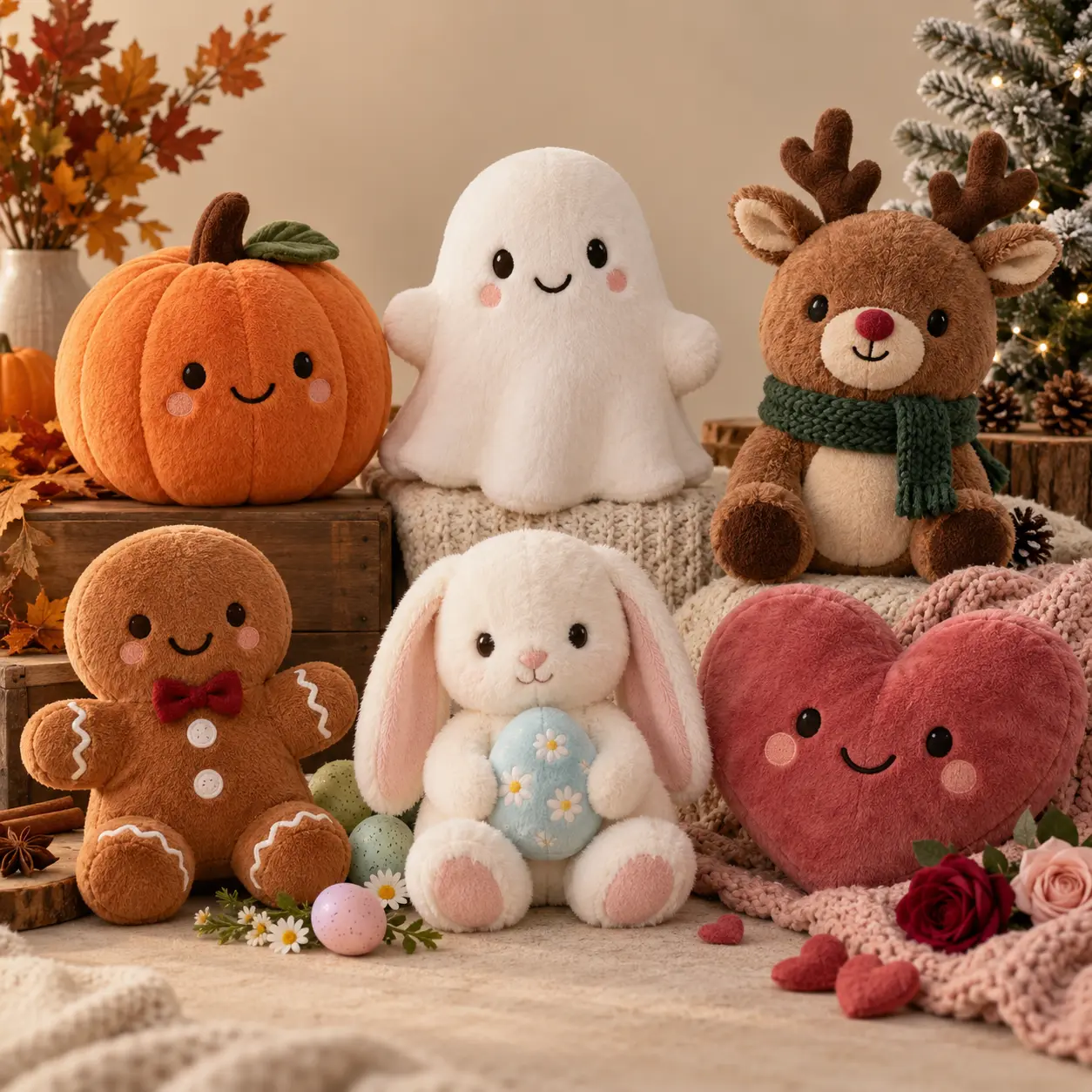 Seasonal plush collection with pumpkin, ghost, reindeer, gingerbread, bunny and heart — AI-generated concept reference