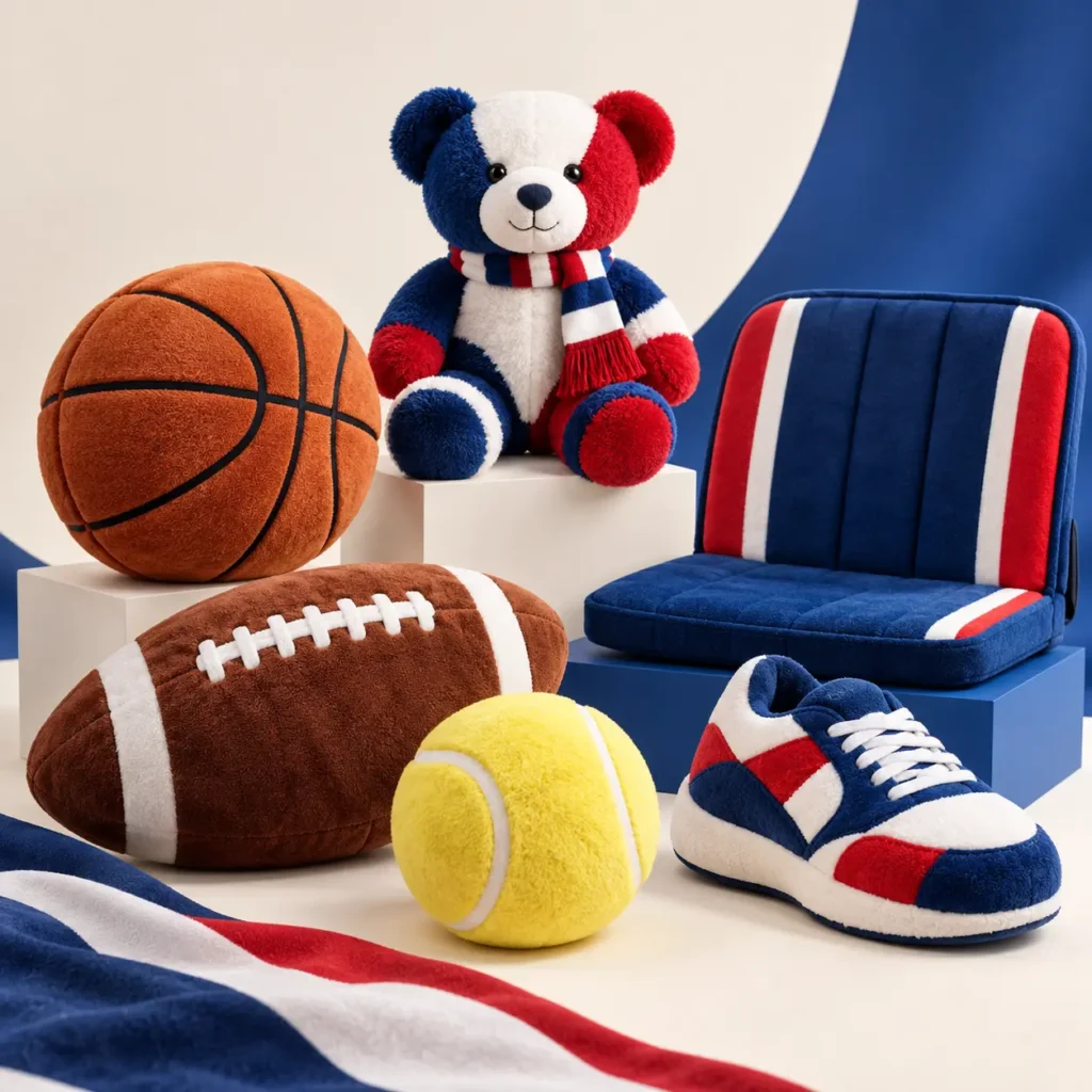 Original sport-inspired plush collection with ball cushions, fan bear, plush shoe and stadium seat cushion