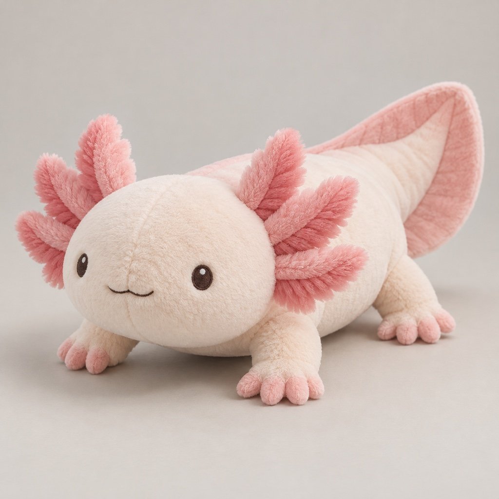 Cream pink axolotl plush design concept with short limbs, fluffy external gills and a raised tail fin