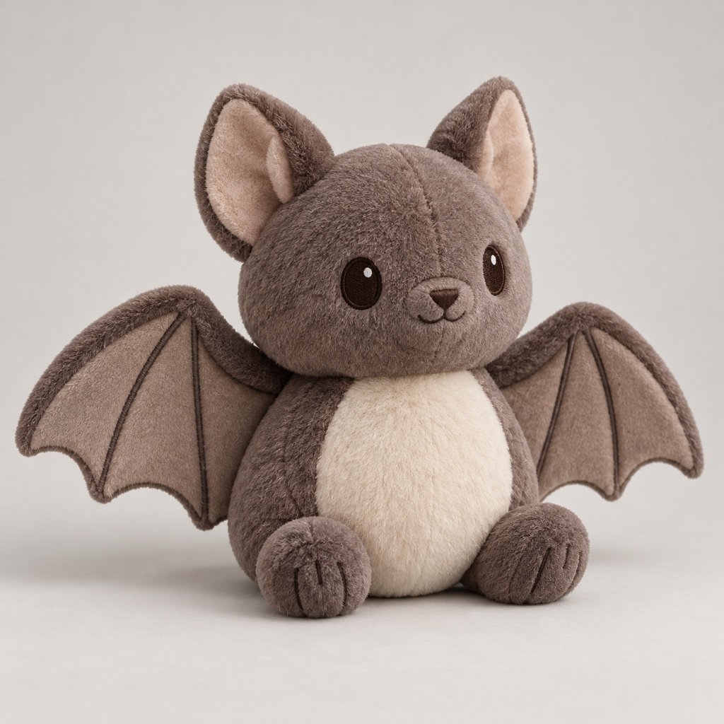 Cocoa grey bat plush design concept sitting with short rounded wings spread beside a cream belly
