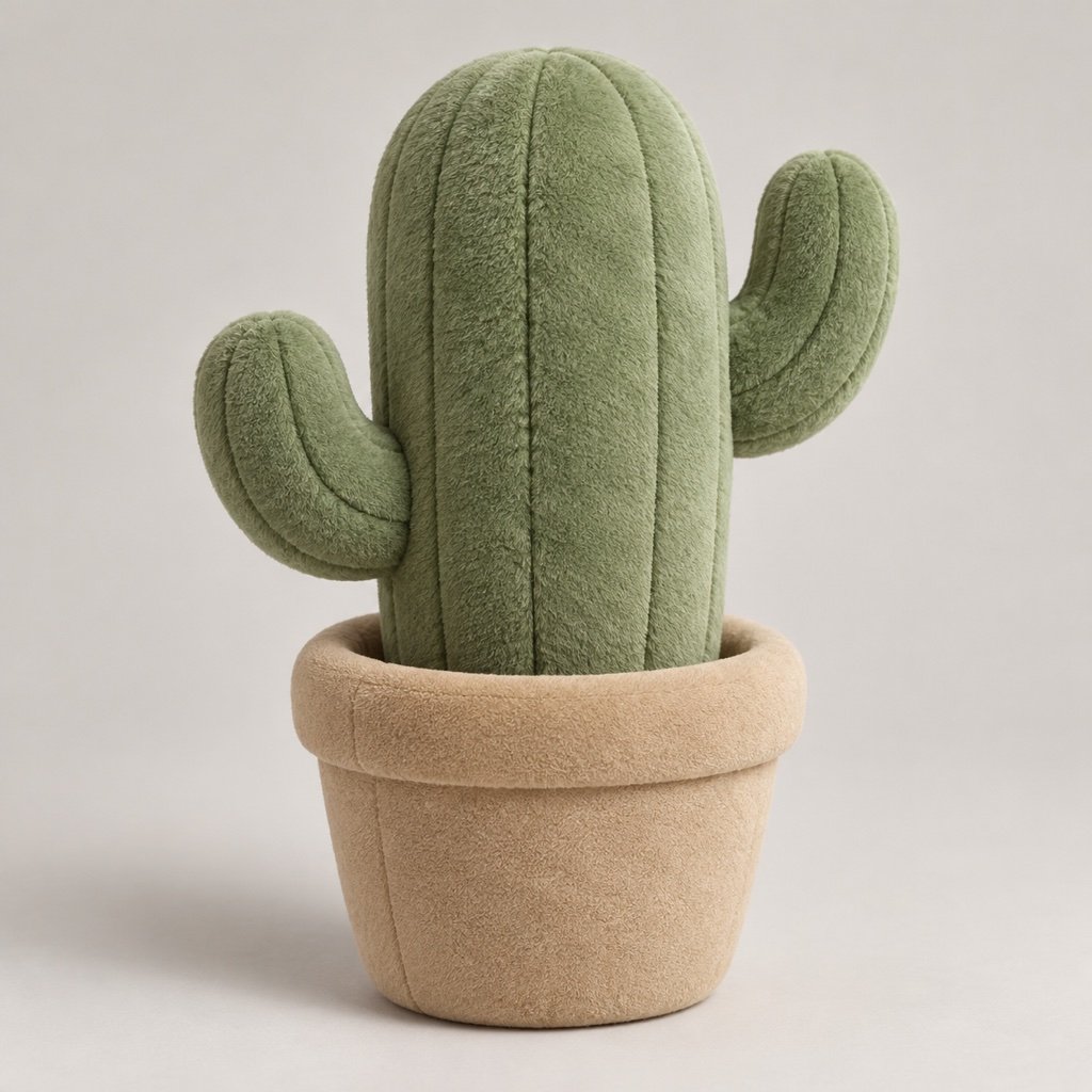 Faceless sage green cactus plush design concept with a cylindrical stem, short side arms and a sand coloured fabric pot