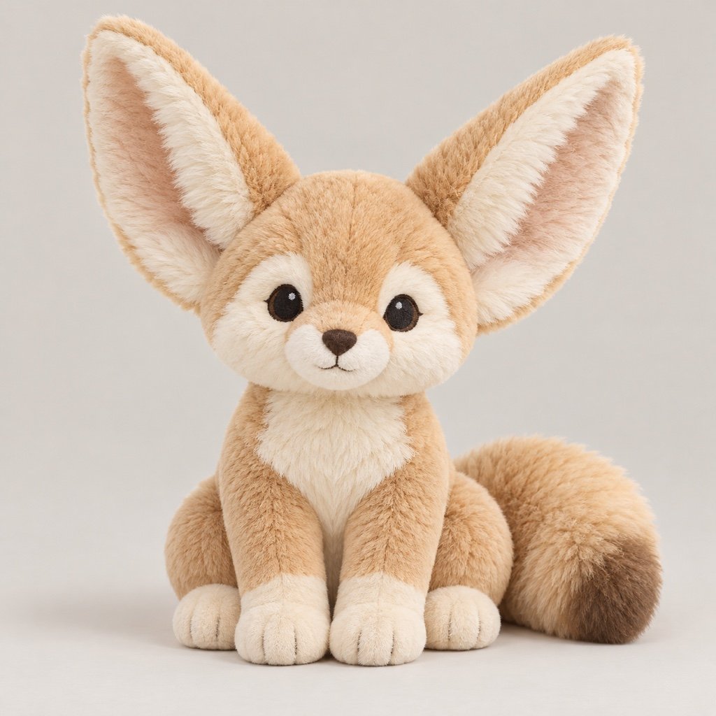Sand coloured fennec fox plush design concept with tall ears, cream paws and a full tail