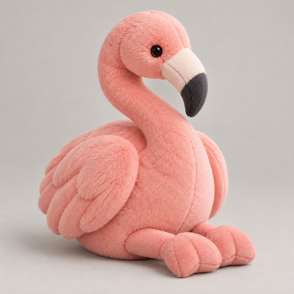 Pale coral pink flamingo plush design concept sitting on short folded legs with an S shaped neck and fabric beak
