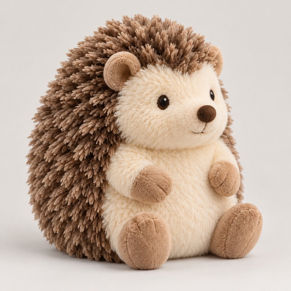 Seated hedgehog plush design concept with a textured brown back, cream face and small tan paws