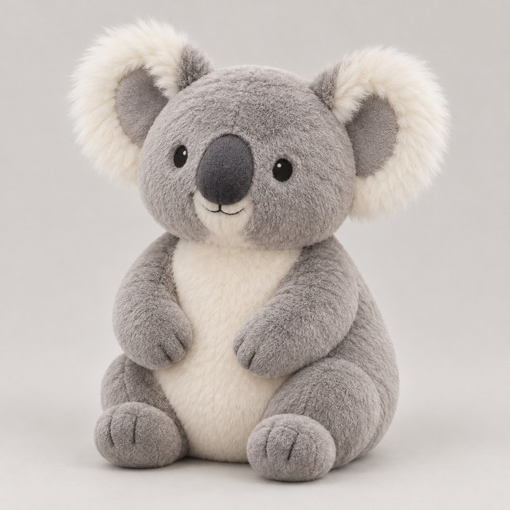 Grey koala plush design concept with white fluffy ear edges and a dark grey fabric nose
