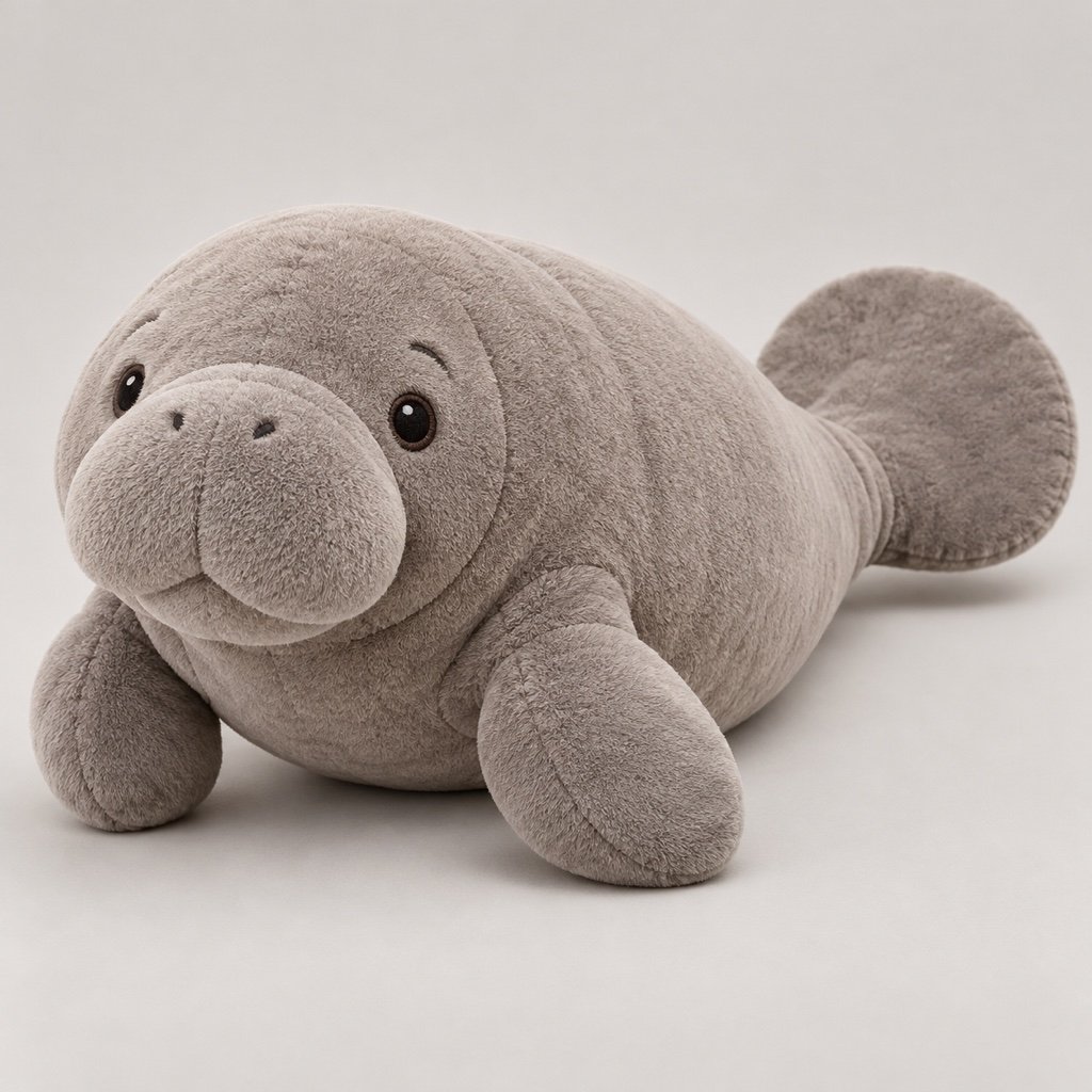 Grey manatee plush design concept with a rounded muzzle, front flippers and a broad paddle tail