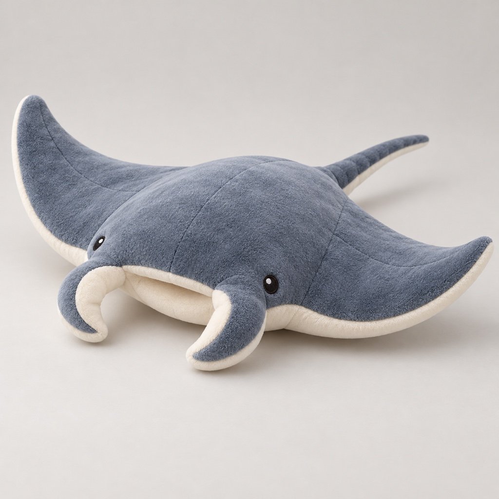 Blue grey manta ray plush design concept with broad curved fins, cream underside and a tapered tail