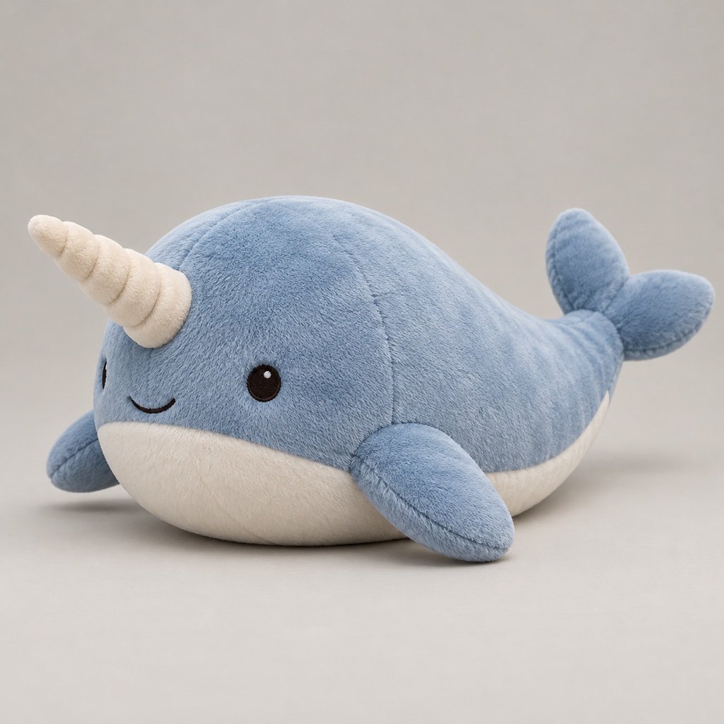 Mist blue narwhal plush design concept resting on its belly with a short spiral fabric tusk and side flippers
