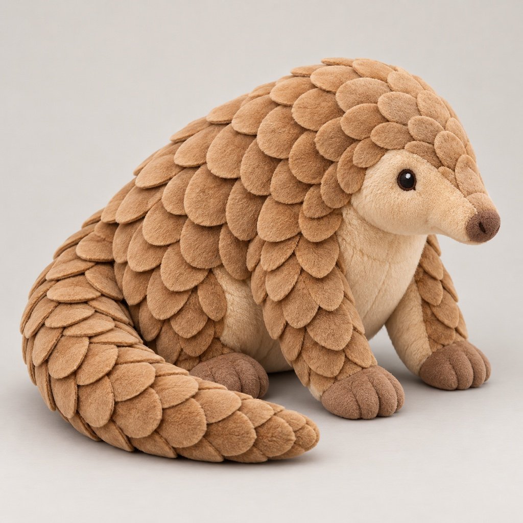 Sandy brown pangolin plush design concept with overlapping fabric scale shapes and a tail curved around its side