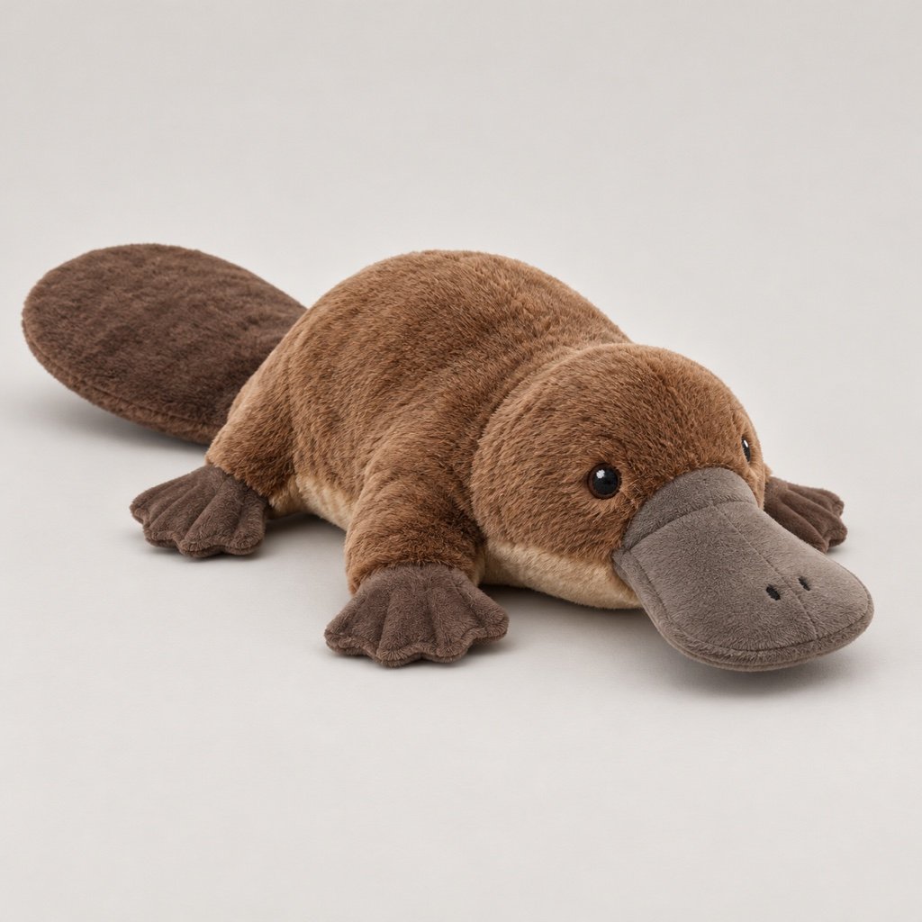 Cocoa brown platypus plush design concept in a lying pose with a grey brown fabric bill and flat tail