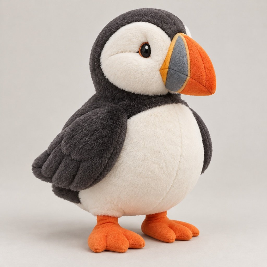 Standing puffin plush design concept with a dark back, cream chest, orange feet and a colourful beak