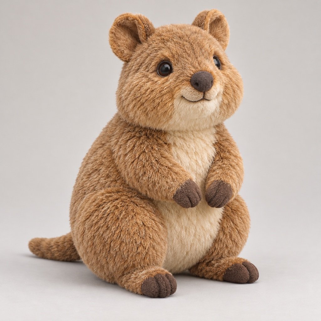 Warm brown quokka plush design concept with rounded ears, cream belly, small front paws and a short tail