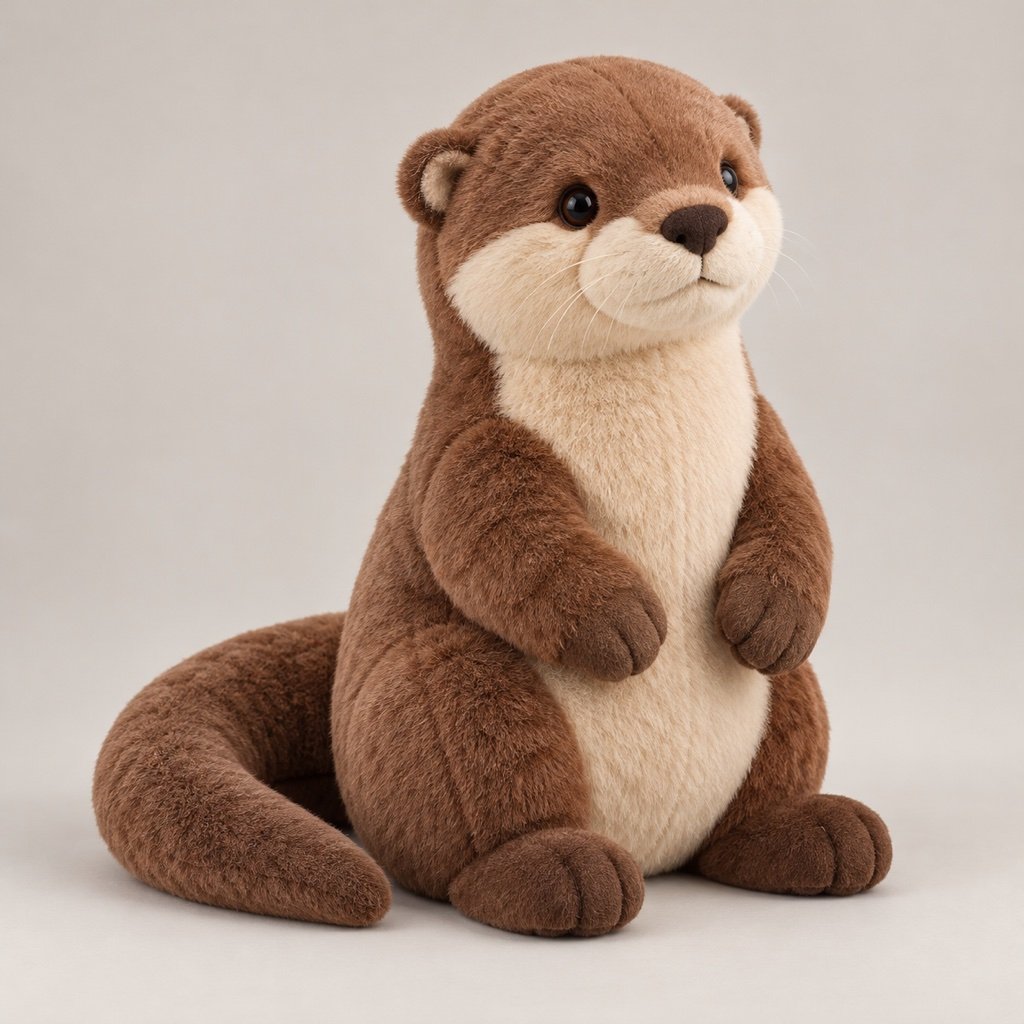 Brown river otter plush design concept with a cream chest, small front paws and a curved tail