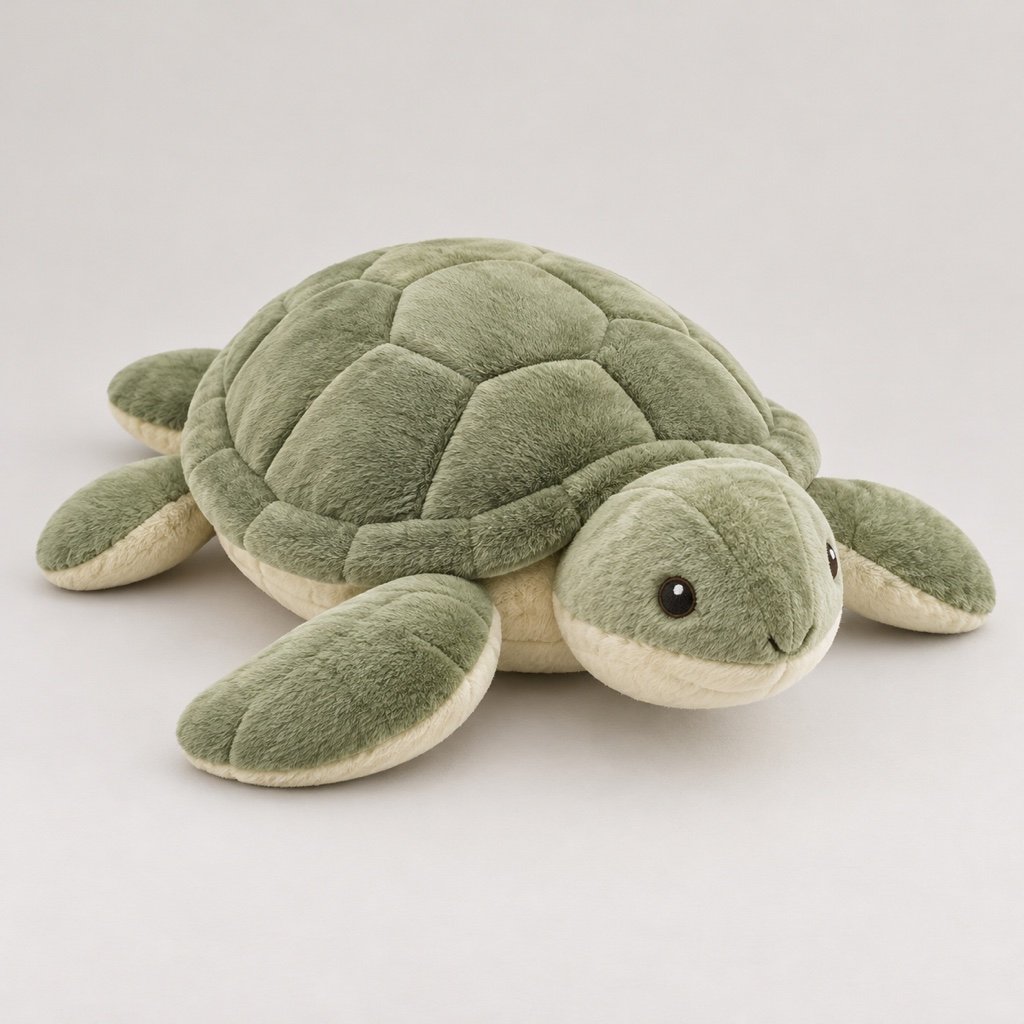 Sage green sea turtle plush design concept with an oval panelled fabric shell and short flippers
