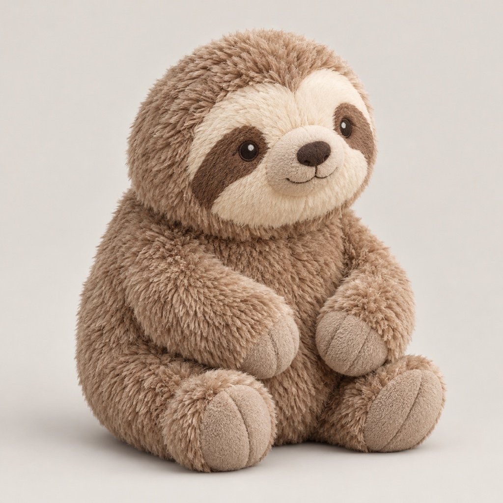 Oatmeal brown sloth plush design concept sitting with a pale face and arms held in front of its belly