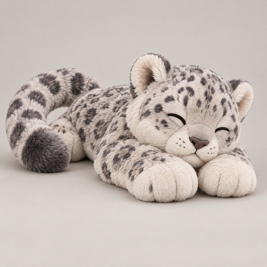 Resting snow leopard plush design concept with grey markings, closed eyes, large front paws and a curled tail