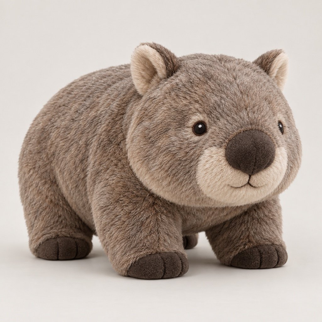 Grey brown wombat plush design concept standing on short legs with a broad nose and cream muzzle