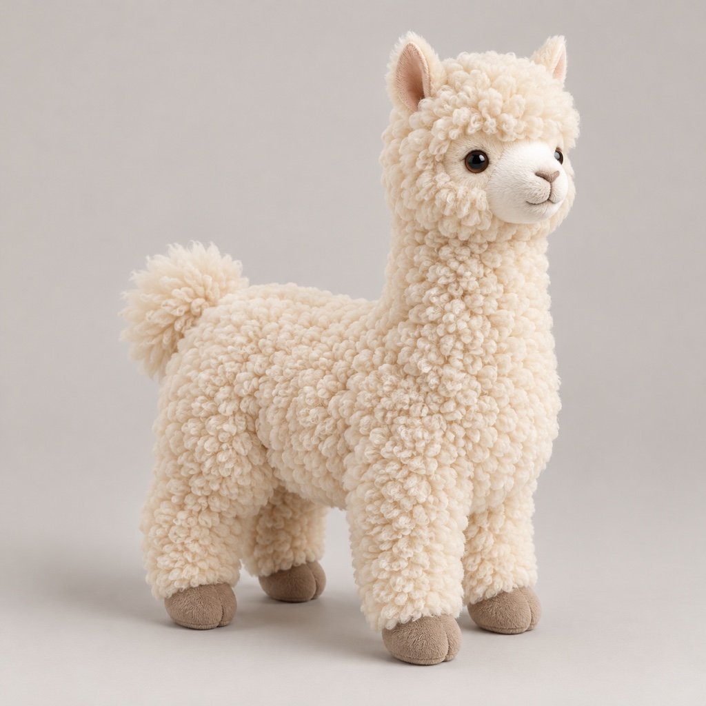 Standing cream alpaca plush concept with curled fleece texture, an upright neck, pointed ears, pale tan hooves and a short tail