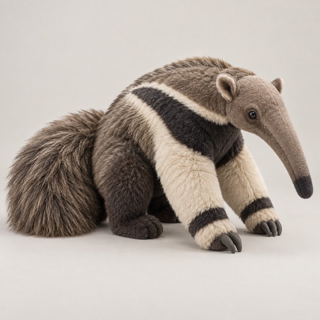 Grey-brown anteater plush concept with a long tapered muzzle, cream-edged dark shoulder stripe and broad bushy tail