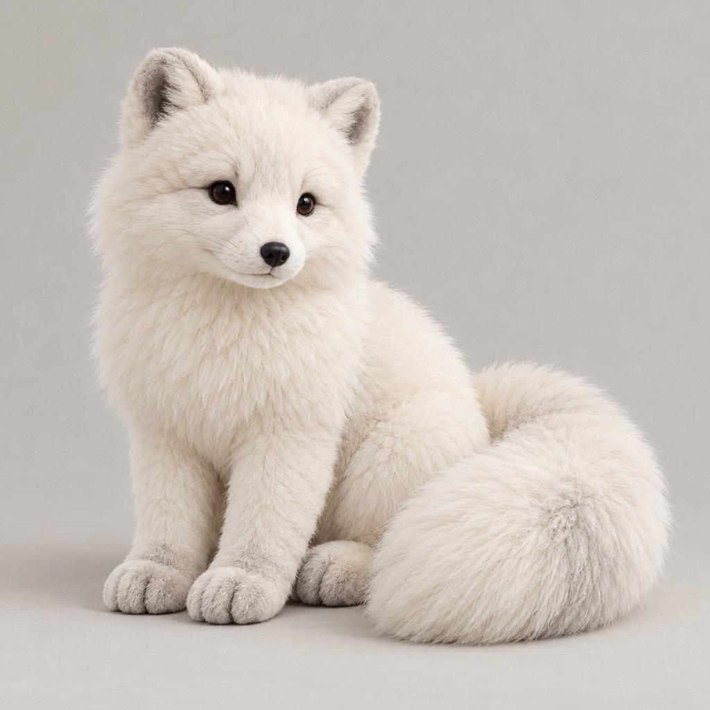 Ivory arctic fox plush design concept sitting beside a large fluffy tail with small ears and a tapered muzzle