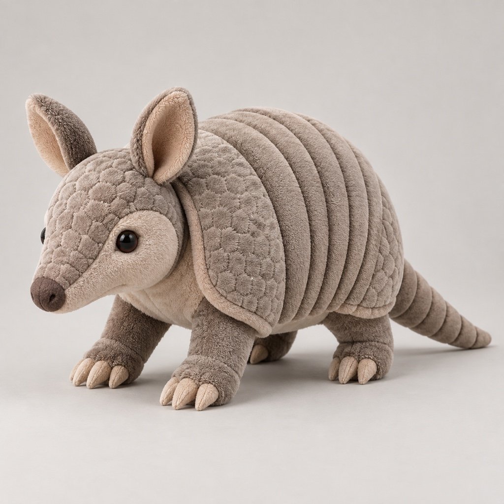Sand-grey armadillo plush concept with a segmented rounded shell, oval upright ears, pointed muzzle, pale claws and a tapered tail