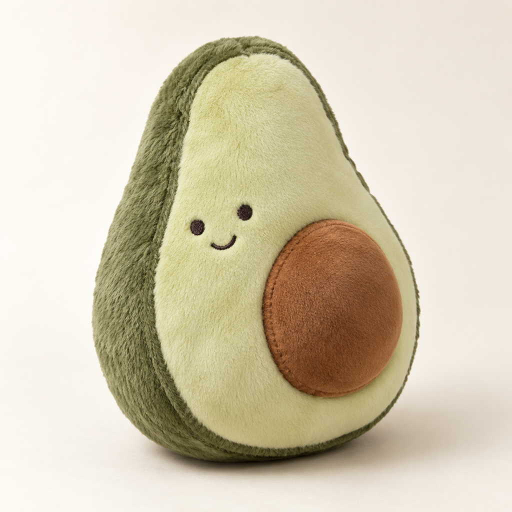 Compact avocado plush with a pale green centre and brown pit — AI-generated concept reference