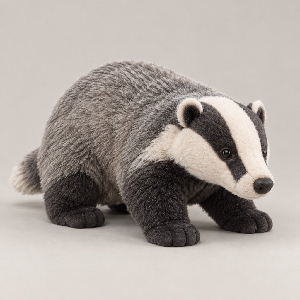 Grey badger plush design concept in a low standing pose with dark legs and lengthwise black stripes on its cream face