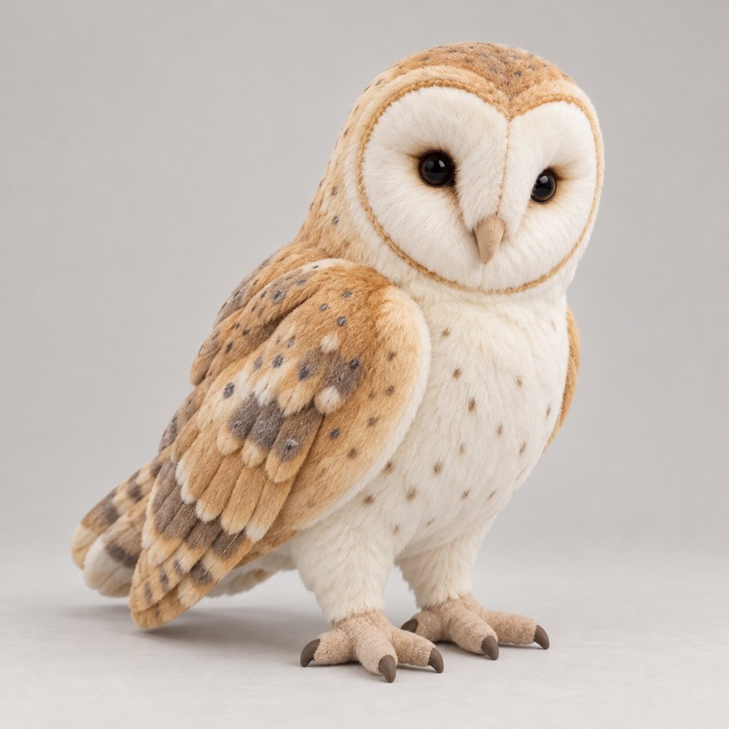 Cream and tan barn owl plush concept with a pale heart shaped face, patterned folded wings and small padded feet