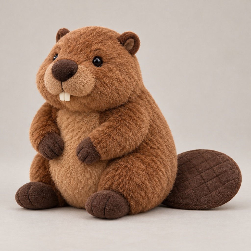 Seated brown beaver plush design concept with small cream front teeth, dark paws and a broad flat textured tail