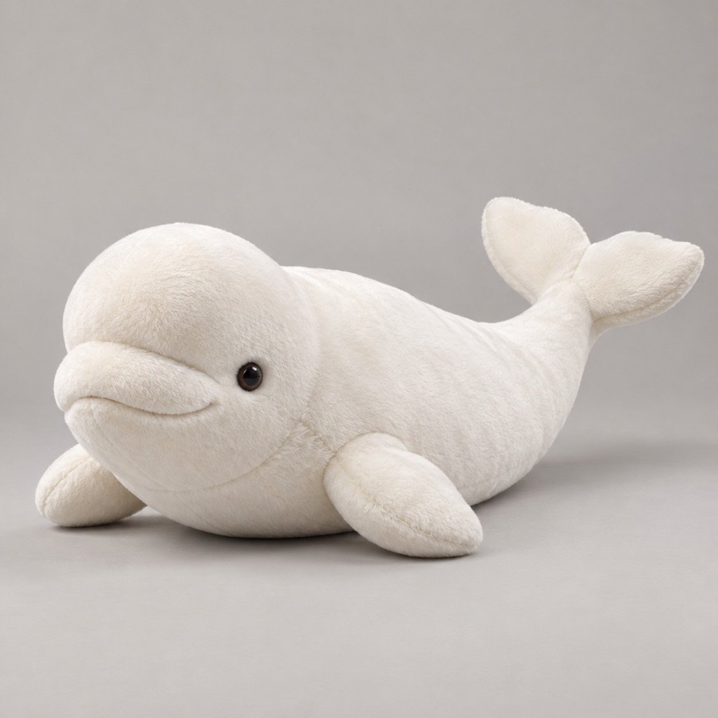 Ivory white beluga whale plush concept with a rounded forehead, small paired flippers and broad tail flukes
