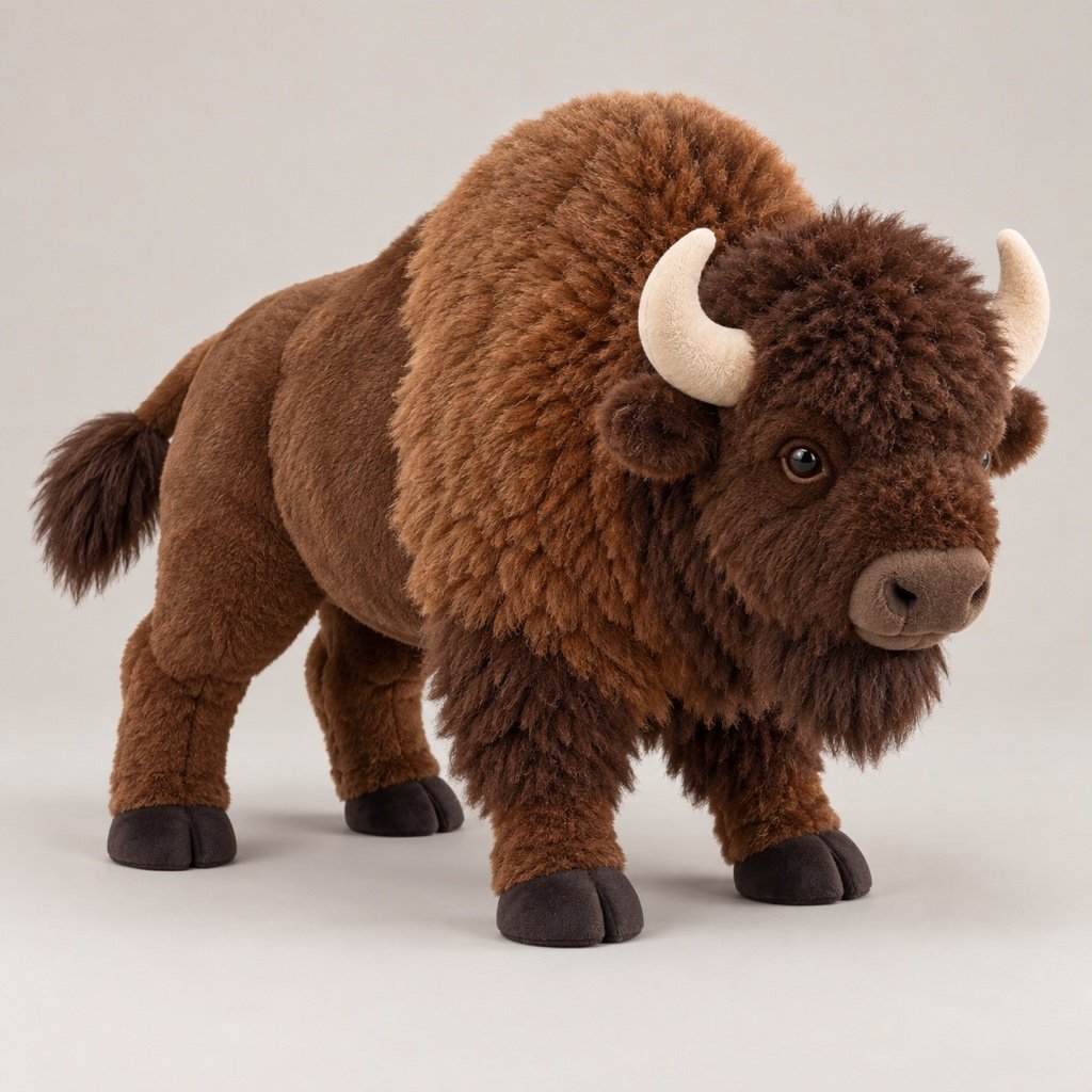 Standing brown bison plush concept with a raised shoulder hump, shaggy dark head and beard, cream horns and dark hooves