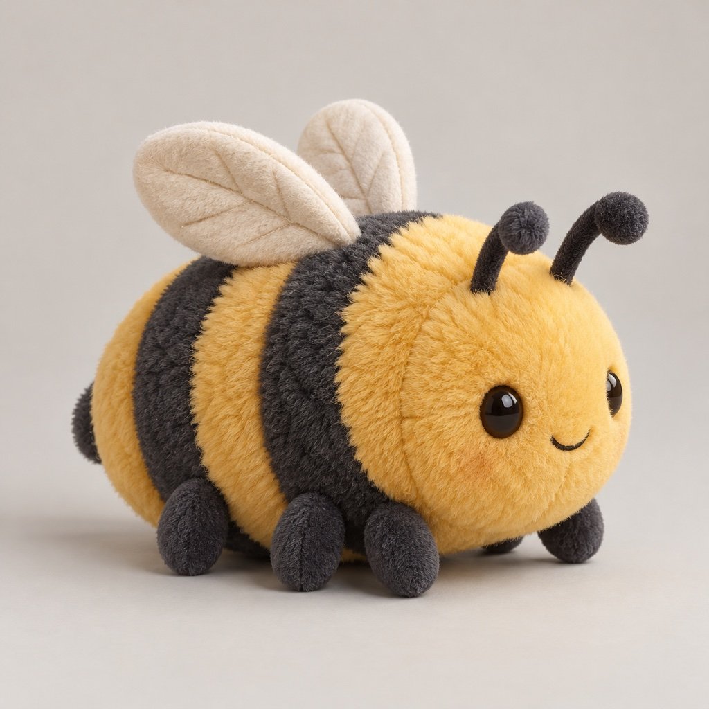 Golden yellow and charcoal bumblebee plush concept with pale rounded wings, dark antennae, short legs and a small smile