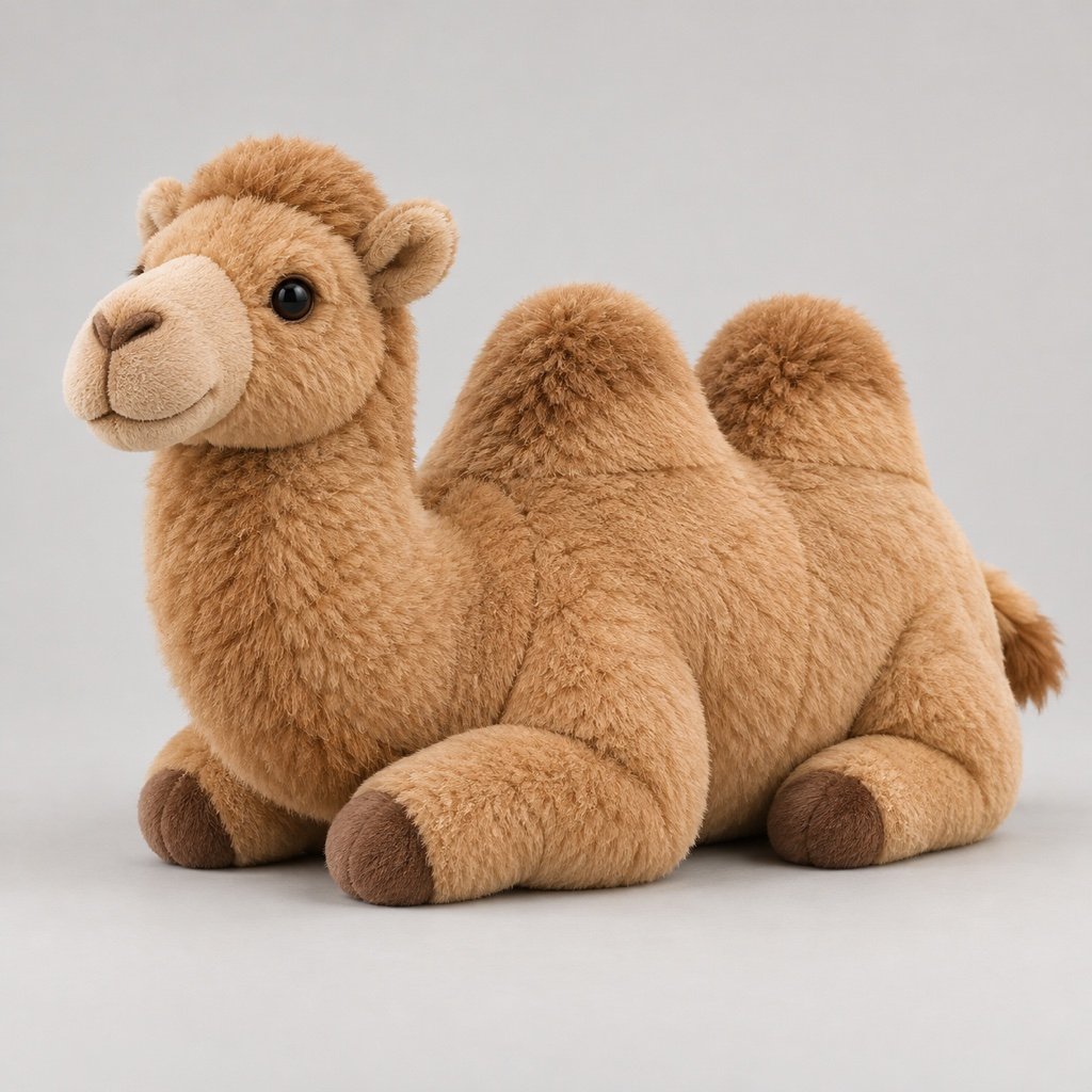 Sandy brown camel plush design concept with two rounded humps, a raised neck and short folded legs