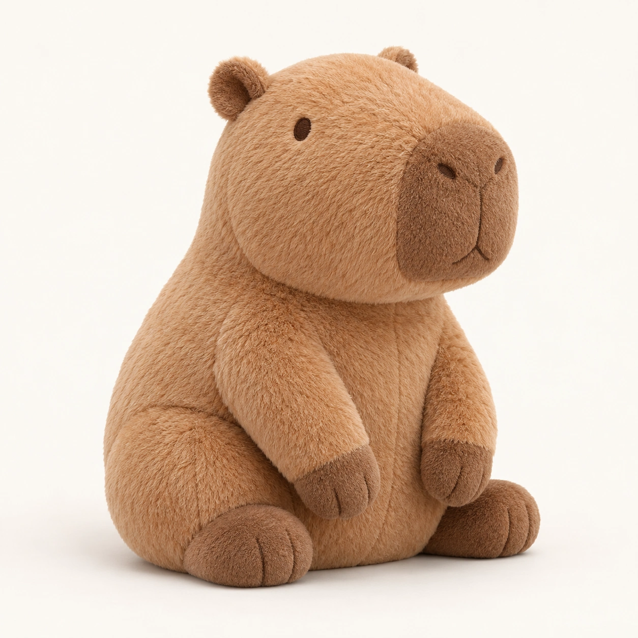 Seated tan capybara plush with a brown muzzle and short paws — AI-generated concept reference