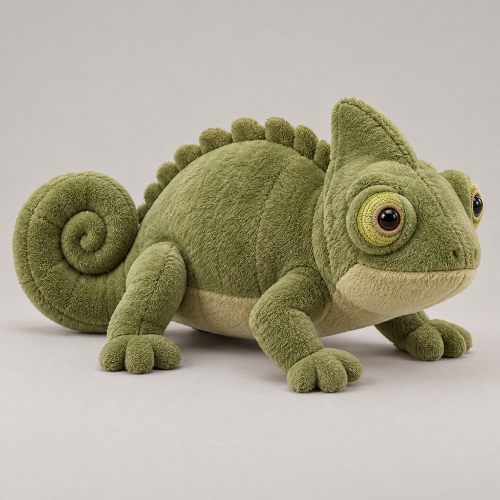 Olive green chameleon plush concept in a low crouch with raised eyes, a coiled tail and rounded dorsal details