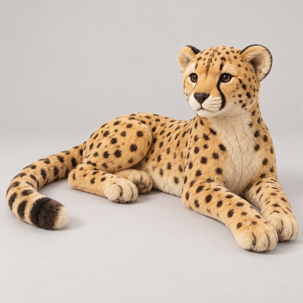Reclining sand-gold cheetah plush concept with dark spots and tear lines, a cream chest, extended forelegs and a long curved tail