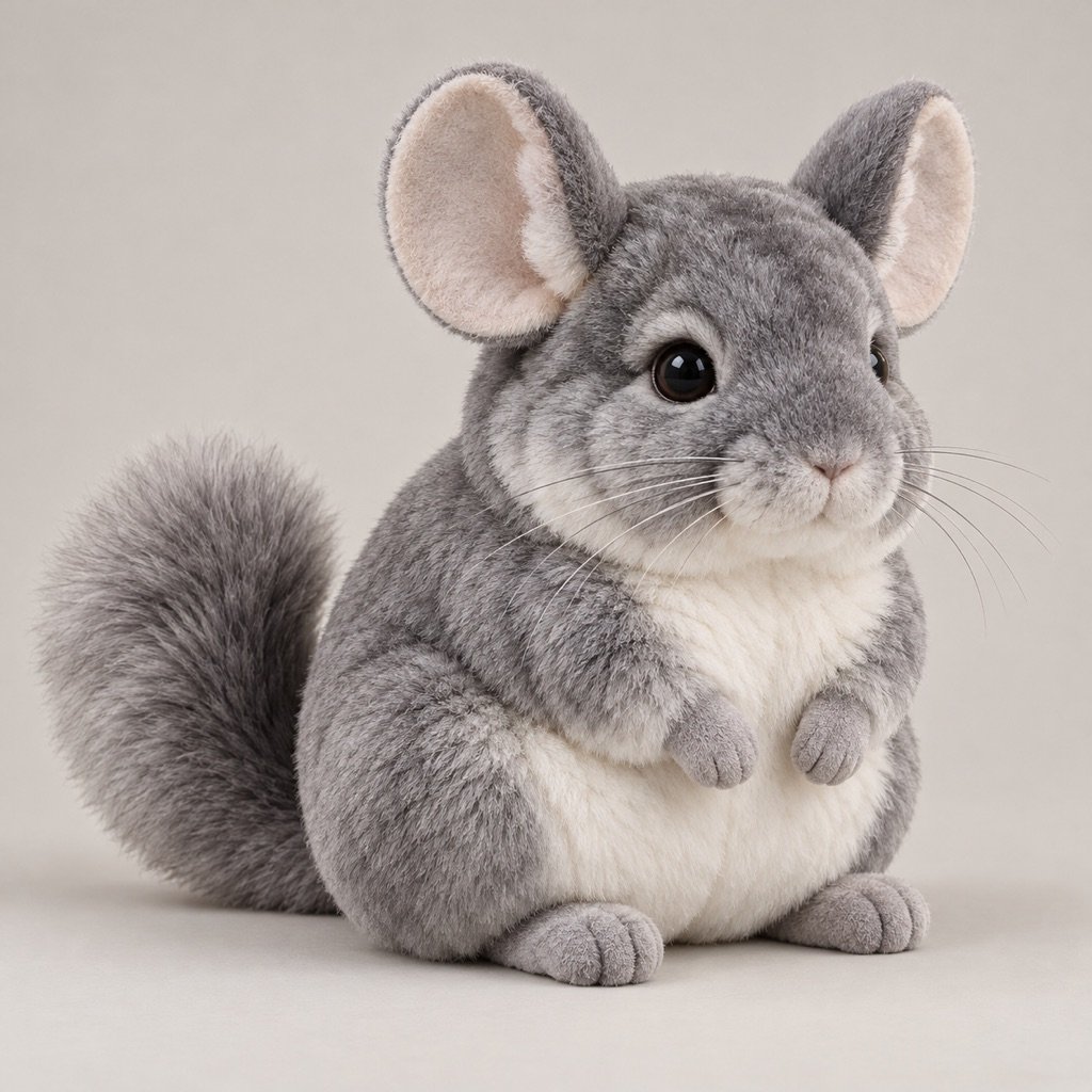 Seated cool-grey chinchilla plush concept with large pale-lined round ears, a white belly, small paws and a fluffy curved tail
