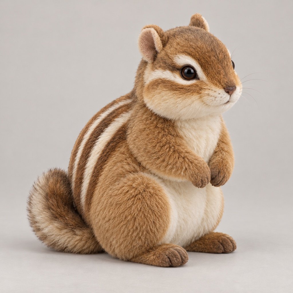 Sandy brown chipmunk plush design concept with pale back and cheek stripes, a cream belly and a short curved tail