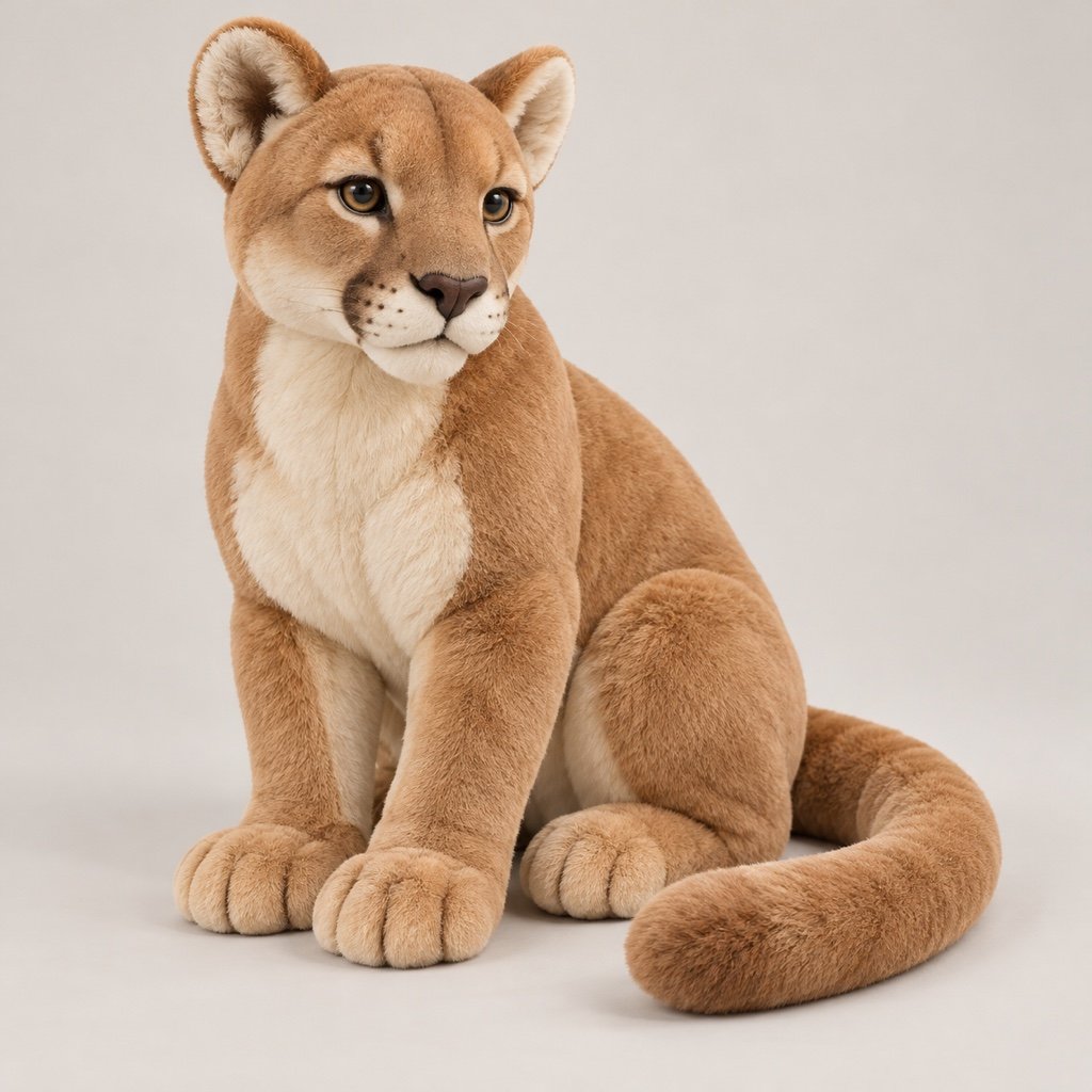 Seated tawny cougar plush concept with a plain coat, cream lower muzzle and chest, rounded ears and a long unspotted tail