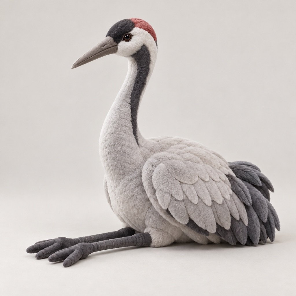 Light-grey crane plush concept with a long upright neck, dark head and neck markings, muted red crown and long dark forward legs