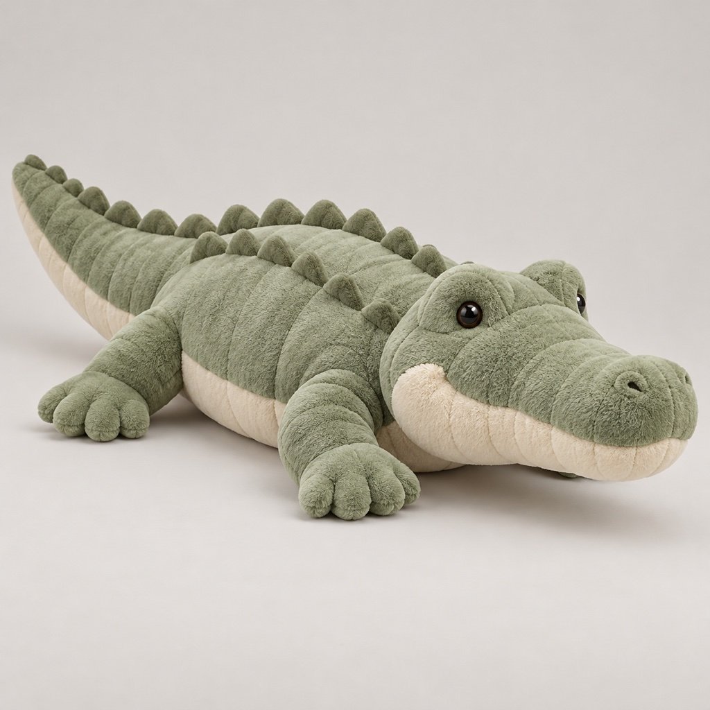 Sage green crocodile plush concept lying low with a long rounded snout, cream underside, short legs and ridged tapered tail