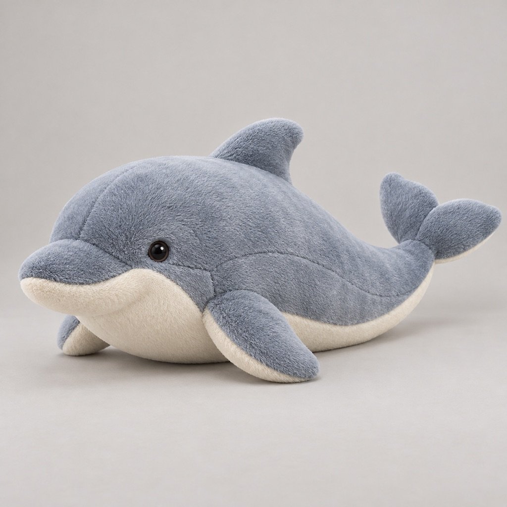 Grey blue dolphin plush concept with a cream belly, short rounded flippers, curved body and broad tail flukes