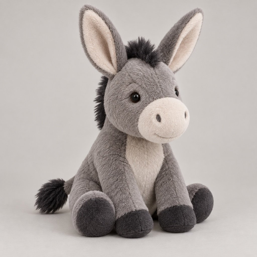 Seated gray donkey plush design concept with long upright ears, a dark mane, pale muzzle and dark feet