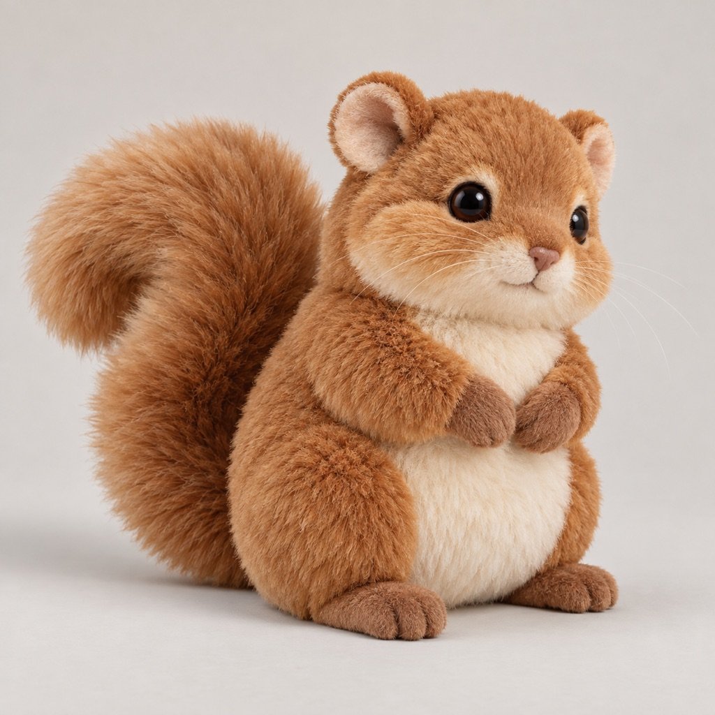 Cinnamon-brown dormouse plush concept with rounded ears, cream cheeks and belly, small paws and a large curled fluffy tail