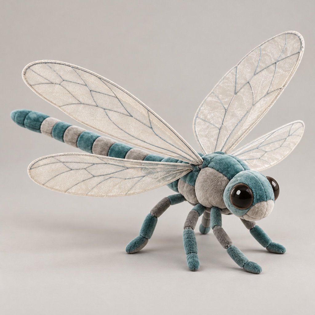 Teal and warm grey dragonfly plush concept with a long banded body, four pale veined wings and slender padded legs