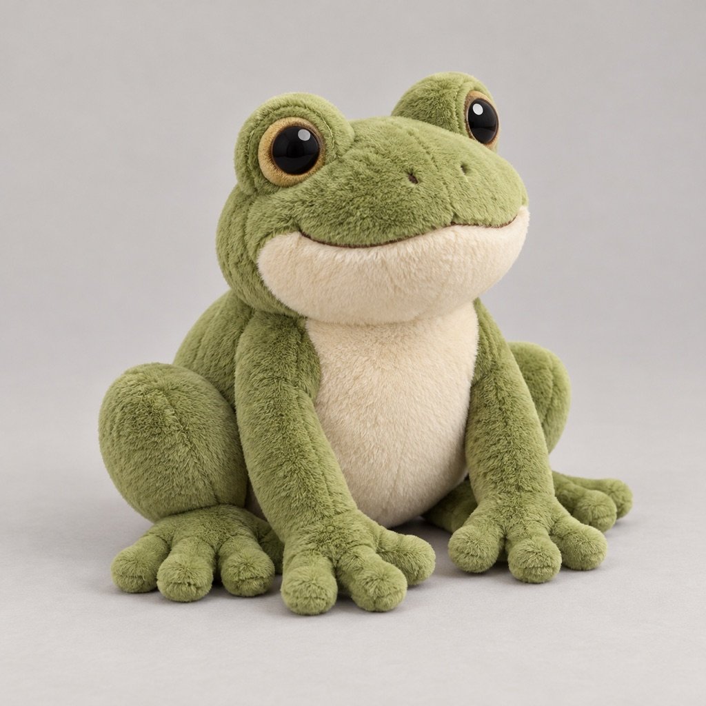 Moss green frog plush concept in a seated pose with raised round eyes, a cream belly and rounded toes