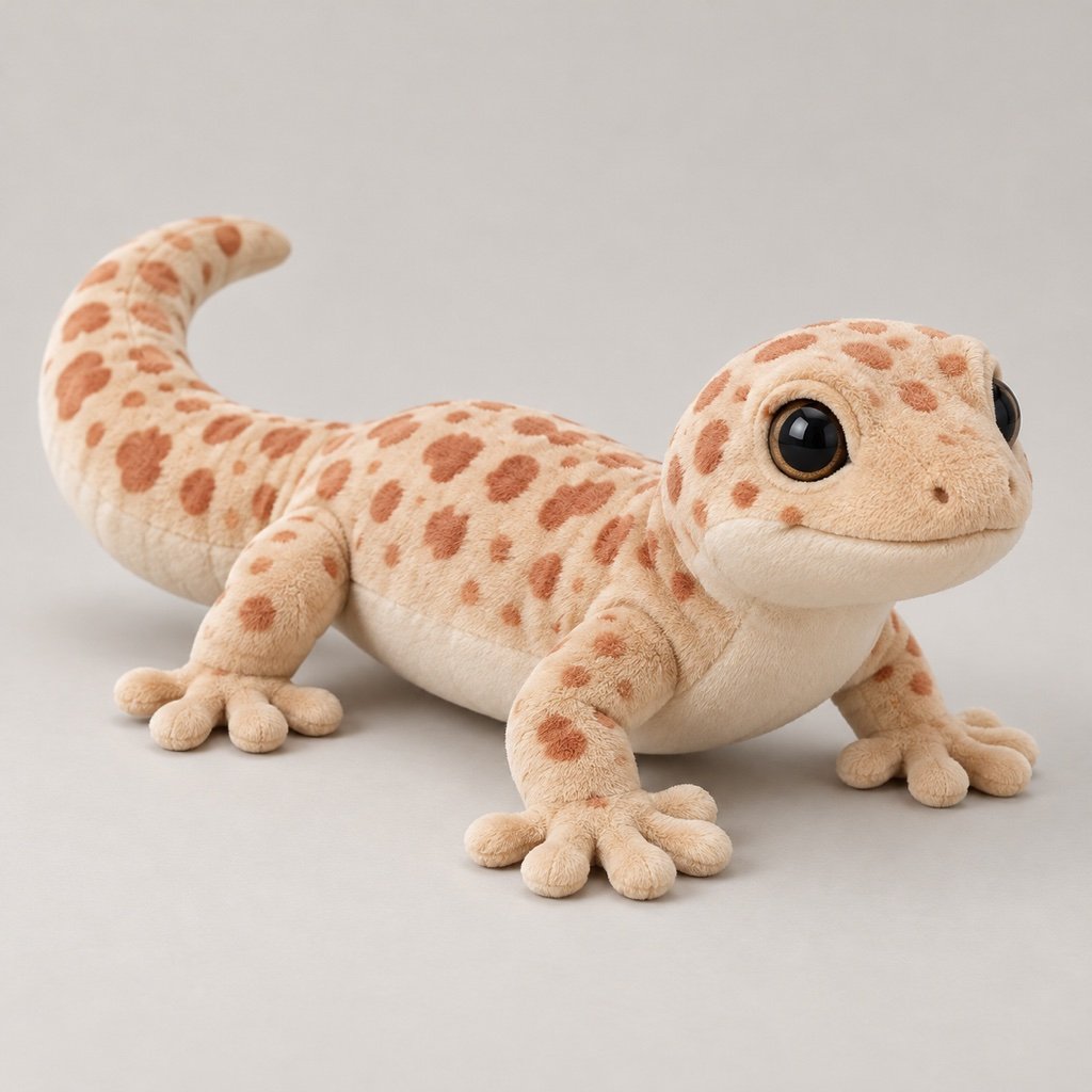 Sandy cream gecko plush concept with terracotta spots, a cream underside, rounded splayed toes and a plump curved tail