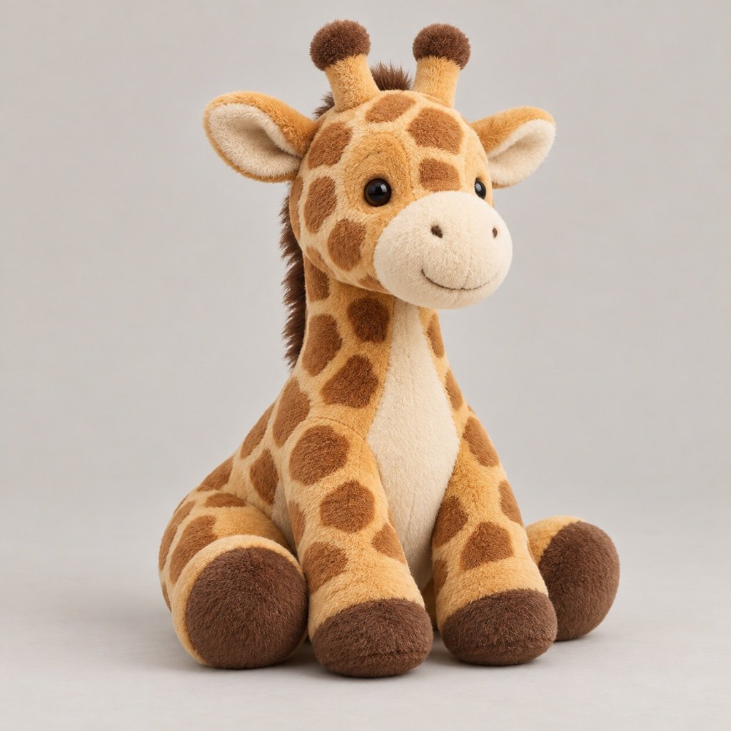 Seated golden giraffe plush design concept with irregular brown markings, a cream muzzle and belly, and small rounded horn shapes