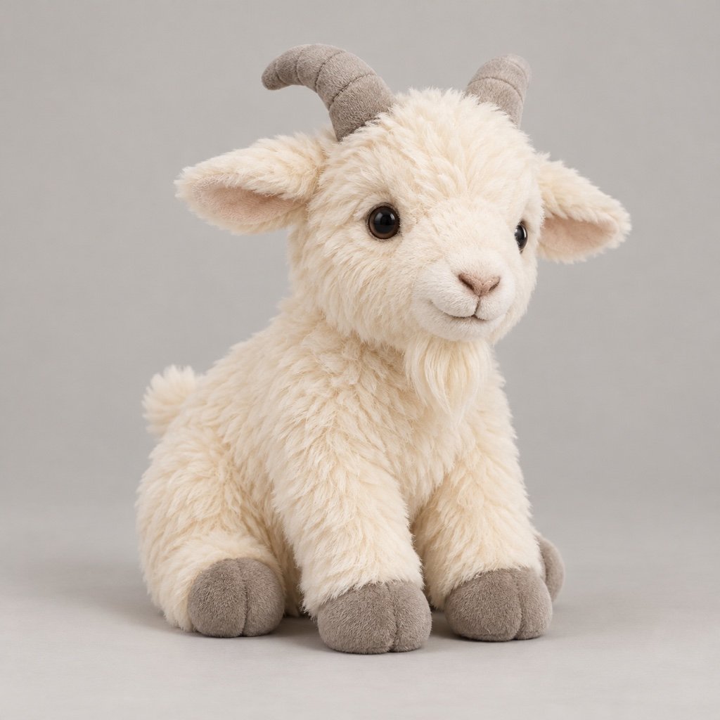 Cream goat plush design concept with short curved gray horns, sideways ears, a small beard and gray hooves